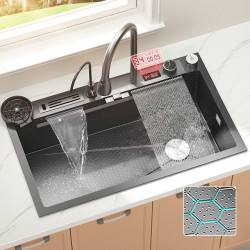 Digital Display Waterfall Sink Embossed Stainless Steel Kitchen Sink Large Single Bowl Black Washbasin with Kitchen Tap